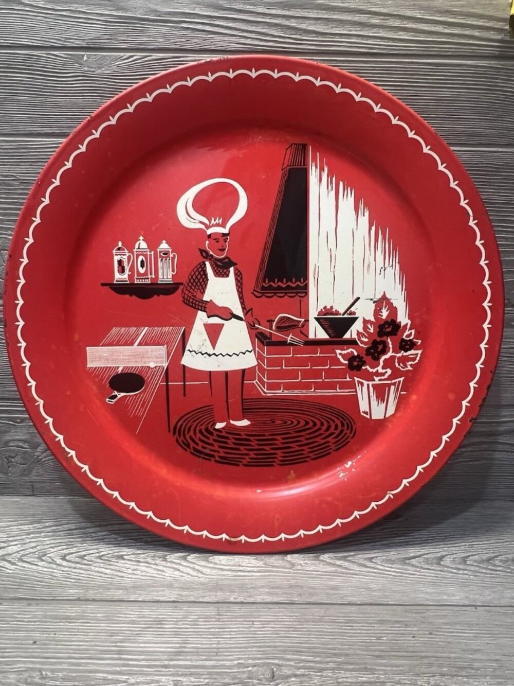 Vintage MCM BBQ Grill Chef Red Metal Serving Tray Platter 19” Retro READ